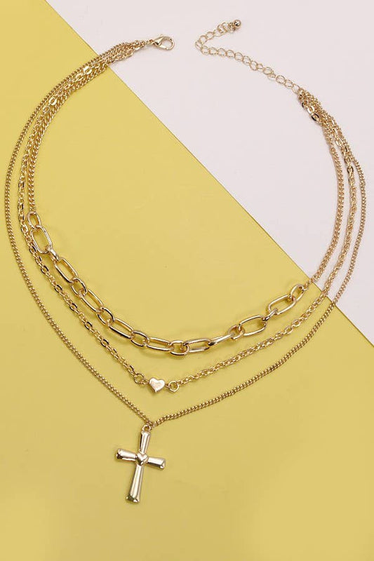Gold Cross Pendant Multi Layered Necklace