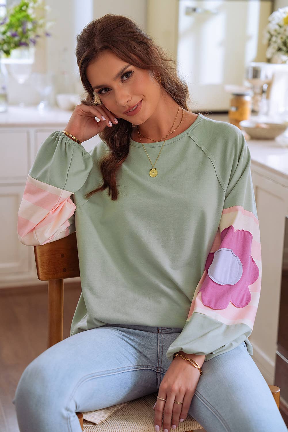 Frenny Flower Patchwork Raglan Sleeve Top
