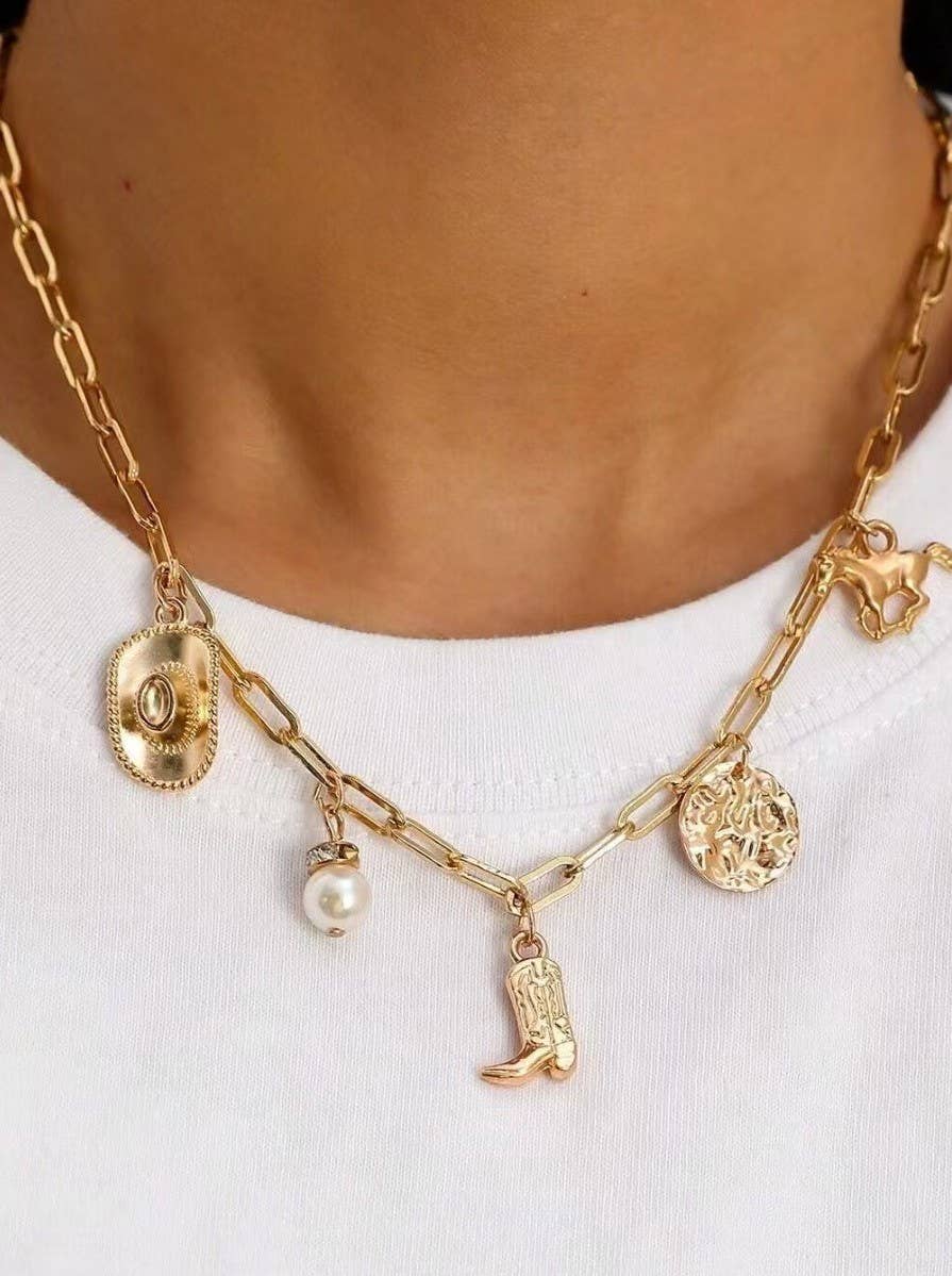 Gold Western Boot Star Hat Horseshoe Charm Necklace