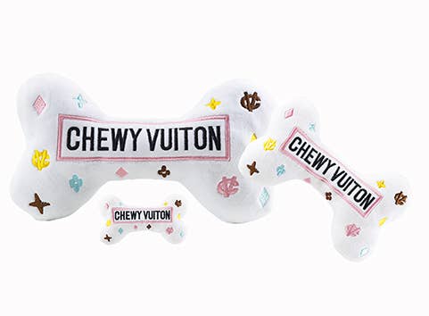 White Chewy Vuiton Bones Squeaker Dog Toy Large