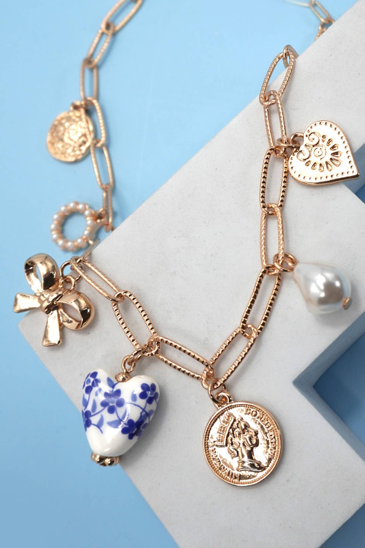 Gold Ceramic Porcelain Bow Heart Link Charm Necklace
