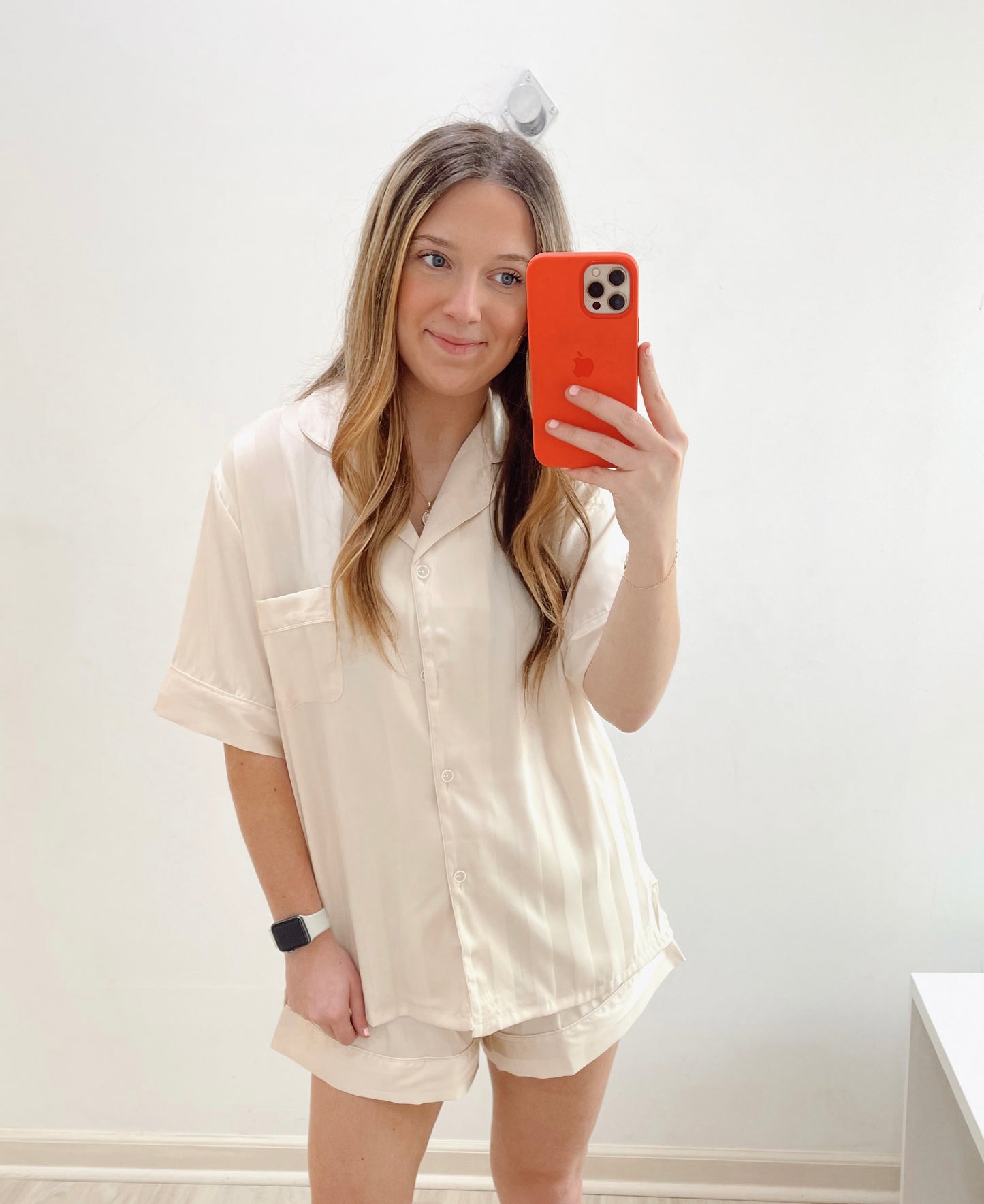 Camila Cream Striped Silky Short Pajama Set + Travel Bag