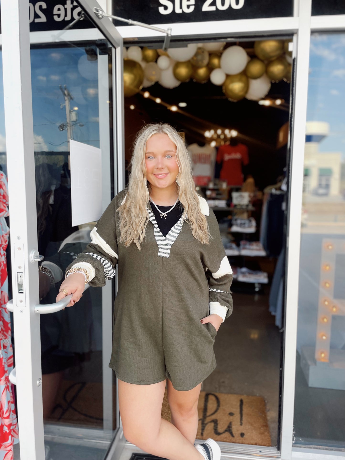 Faye French Terry Color-block Collared Loose Fit Romper