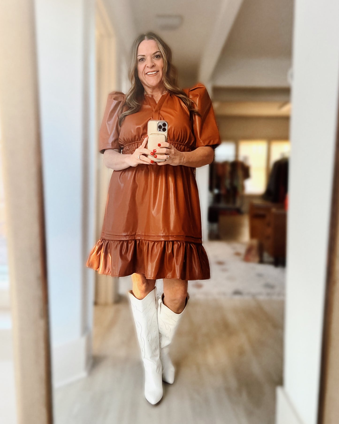 Priscilla Puff Sleeve Faux Leather Dress