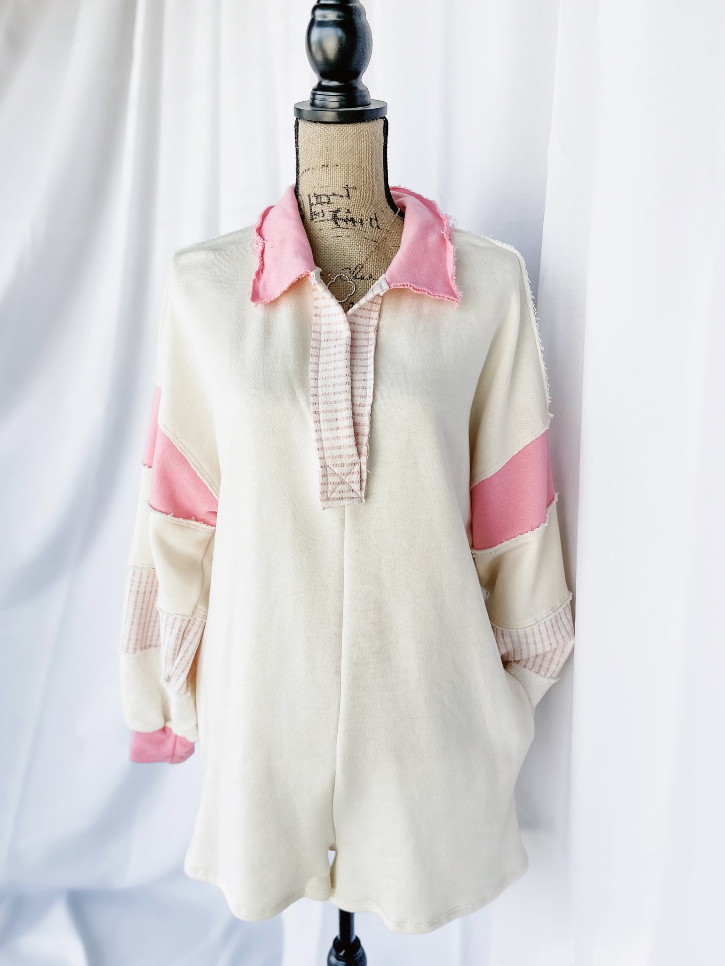 Faye French Terry Color-block Collared Loose Fit Romper
