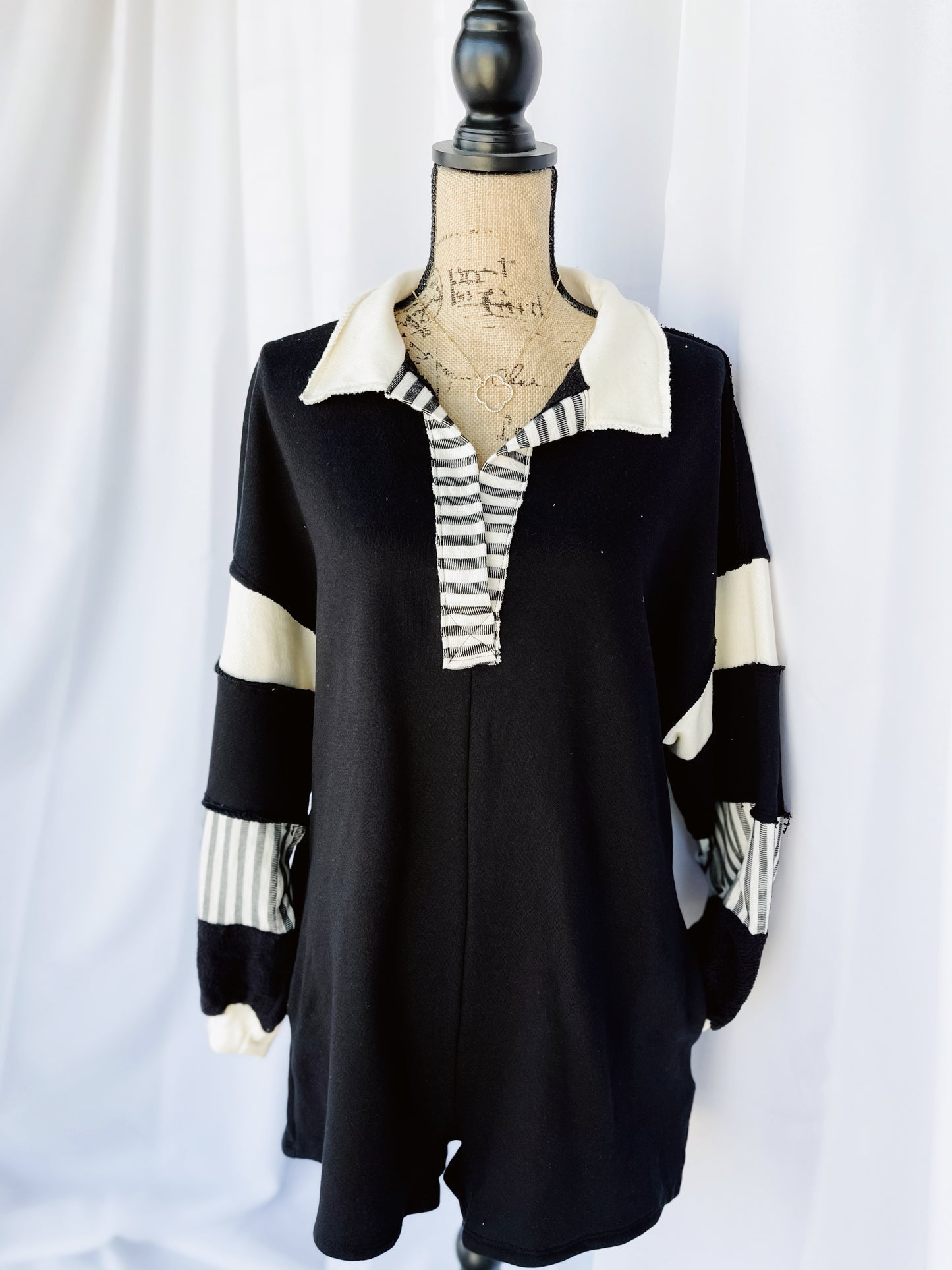 Faye French Terry Color-block Collared Loose Fit Romper