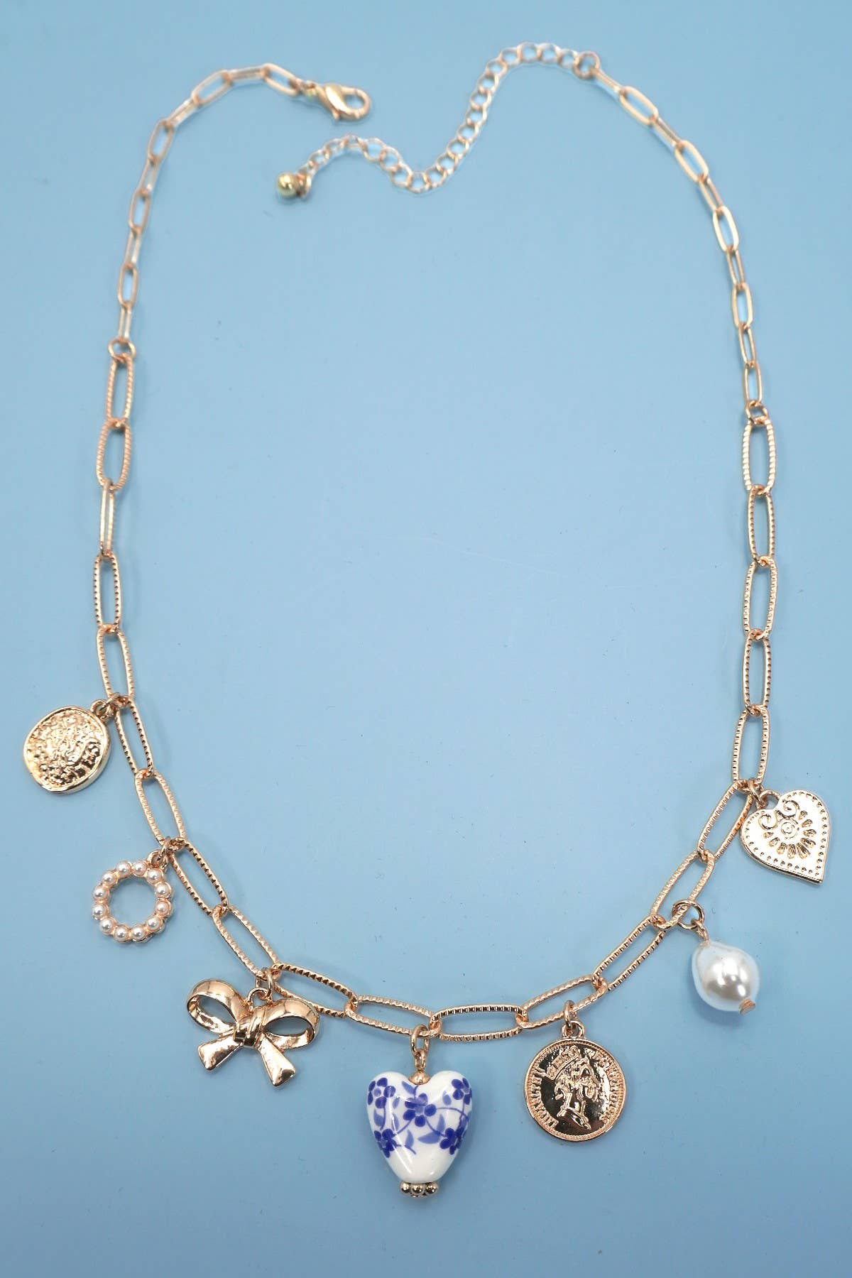 Gold Ceramic Porcelain Bow Heart Link Charm Necklace