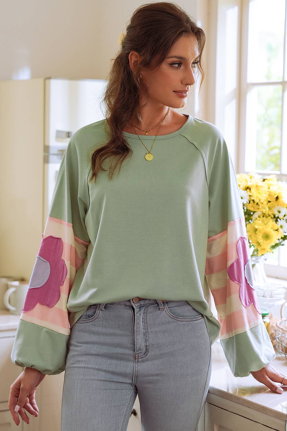 Frenny Flower Patchwork Raglan Sleeve Top