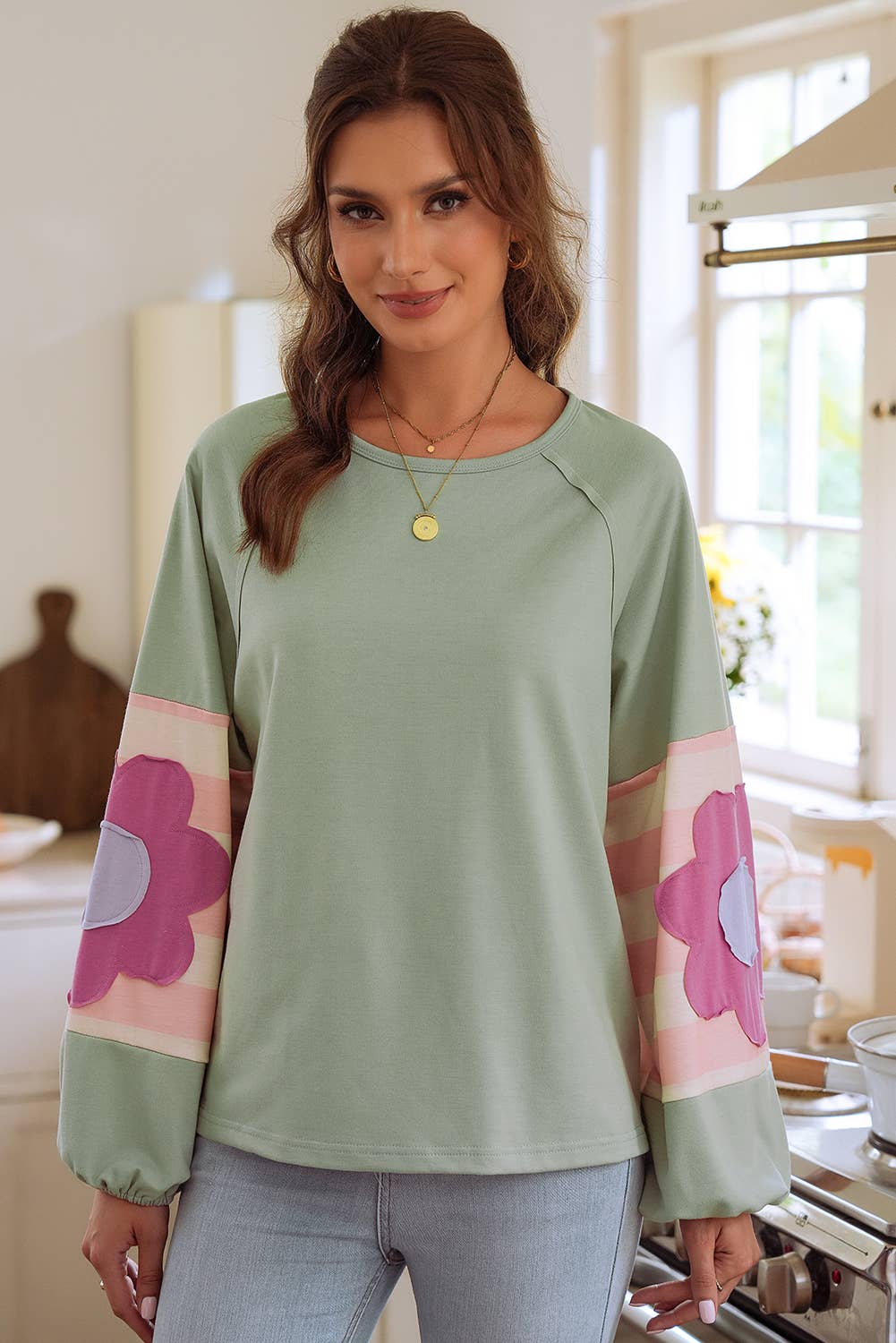 Frenny Flower Patchwork Raglan Sleeve Top