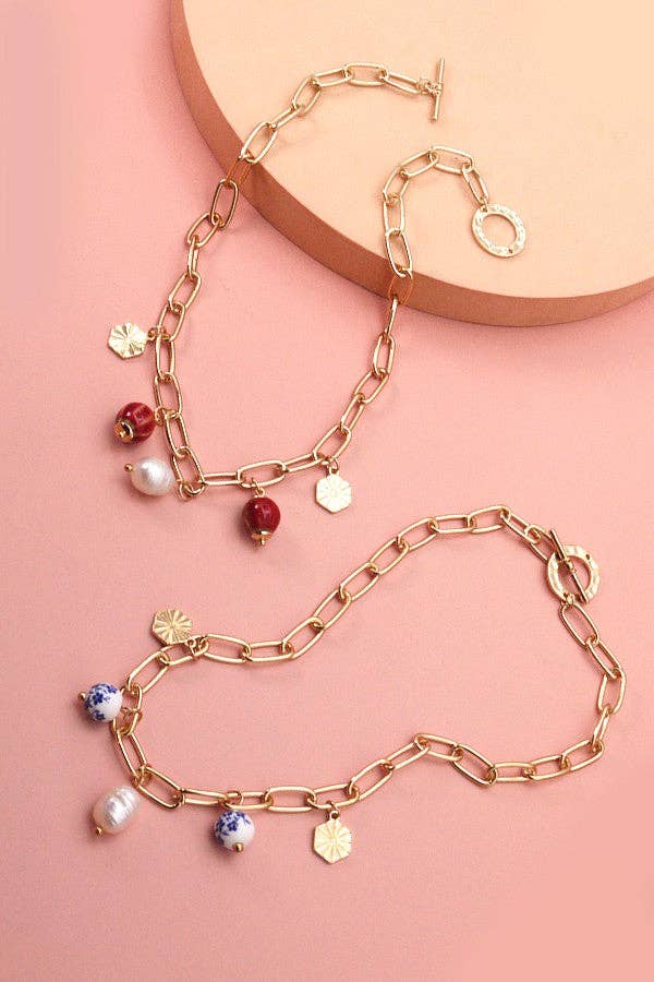 PORCELAIN BEAD LINK CHAIN NECKLACE | 51N2070921: RED