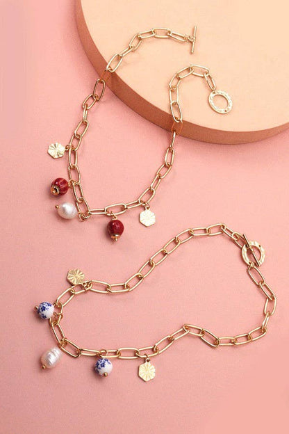 PORCELAIN BEAD LINK CHAIN NECKLACE | 51N2070921: RED