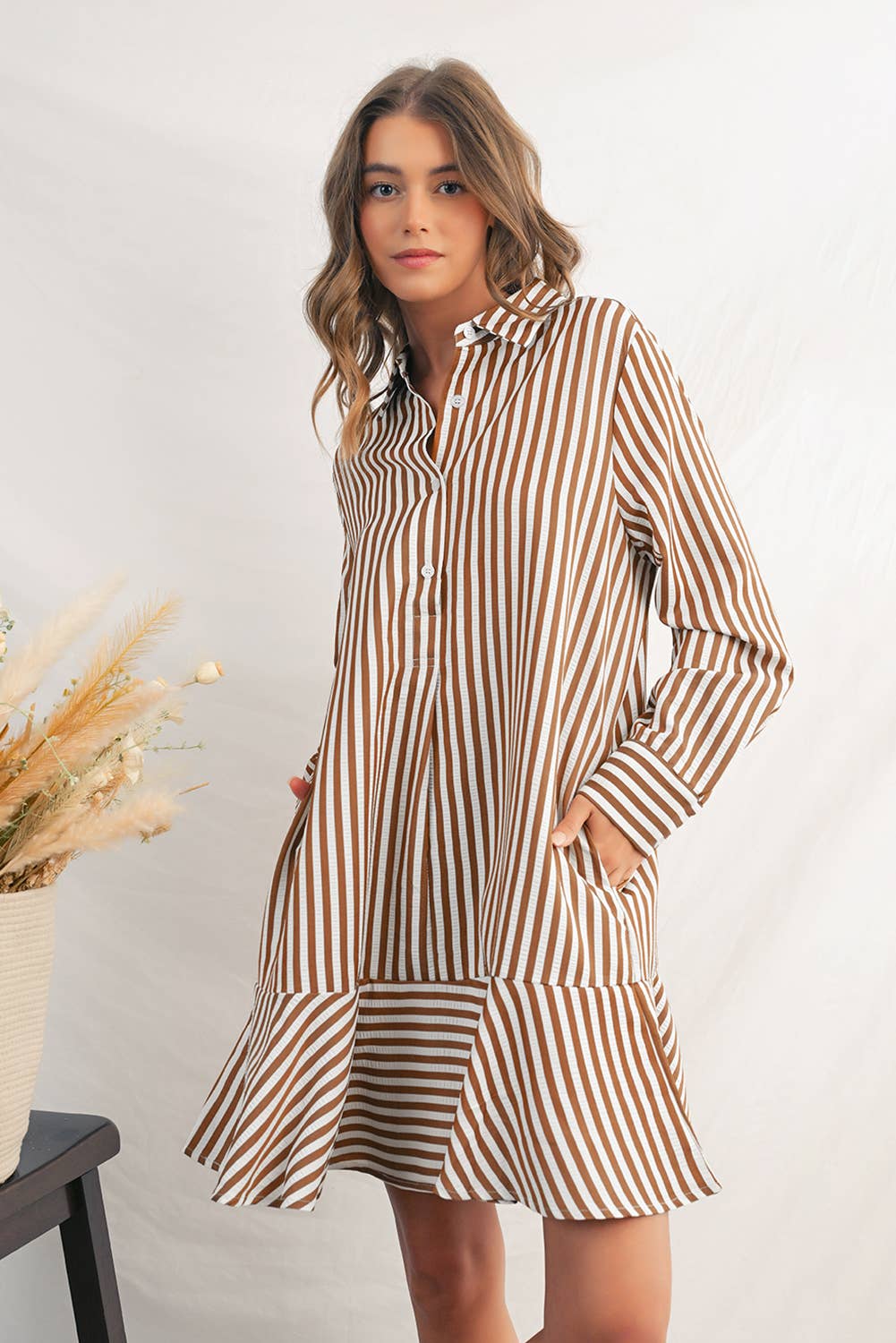 Sierra Stripe Ruffled Collared Long Sleeve Shirt Dress