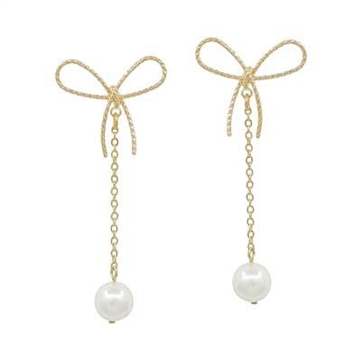 Gold Ribbon Bow Post with Pearl Ball Drop 2" Earring