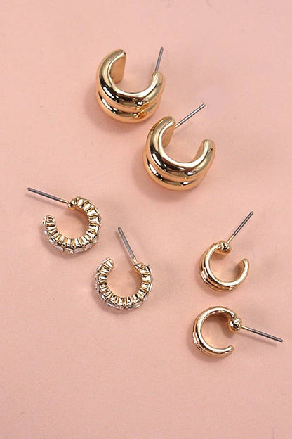 Gold Baguette Stone Double Hoop Huggie Trio Earring Set