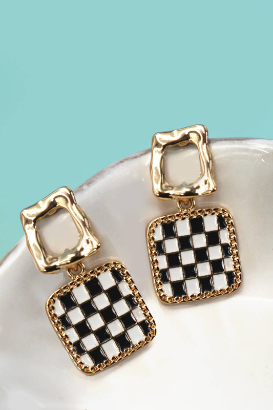 DOUBLE SQUARE CHEKER DROP EARRINGS | 80E6941: GOLD