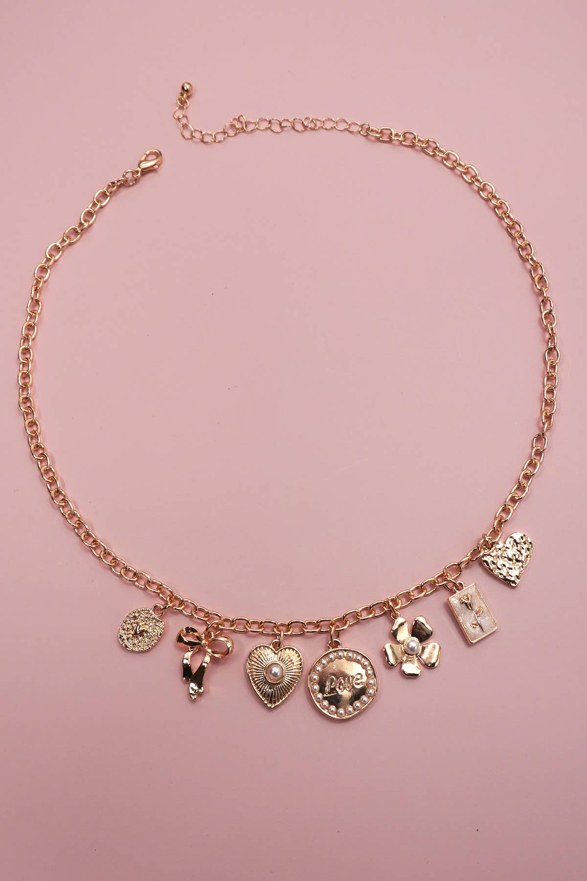 Gold Charm Necklace Bow Love Flower Heart