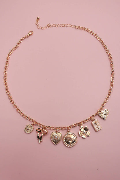 Gold Charm Necklace Bow Love Flower Heart