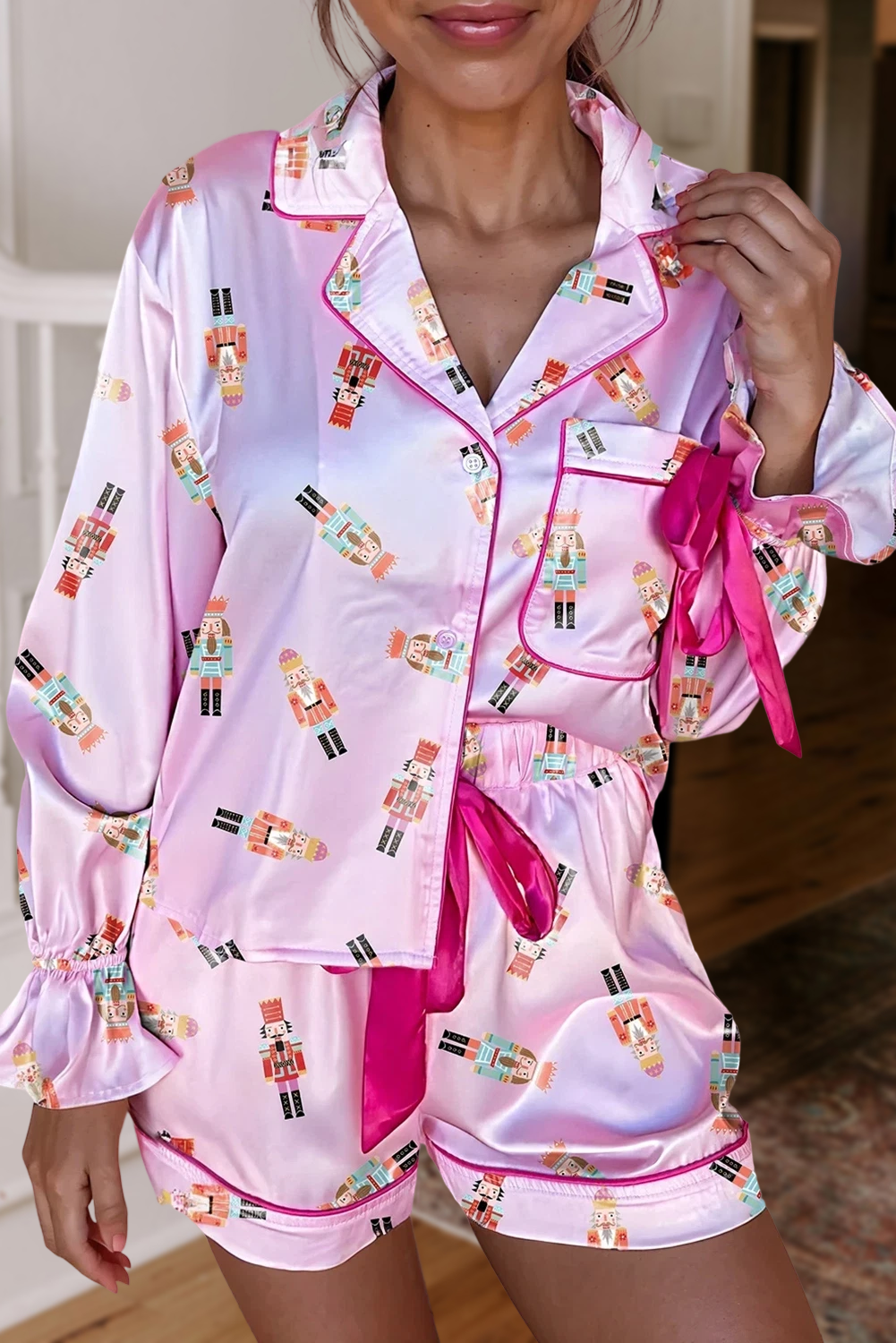 Christmas Print Bow Knot Silky 2pcs Pajama Shorts Set