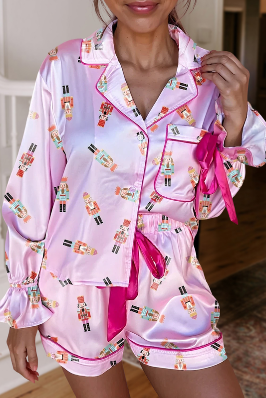 Christmas Print Bow Knot Silky 2pcs Pajama Shorts Set