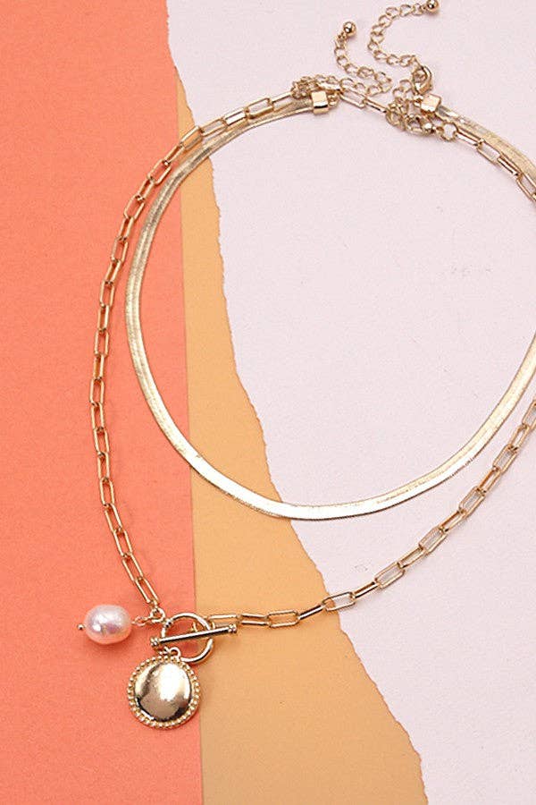 DOUBLE ROW CIRCLE PEARL PENDANT NECKLACE | 10N3051201: GOLD