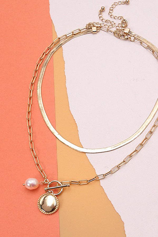 DOUBLE ROW CIRCLE PEARL PENDANT NECKLACE | 10N3051201: GOLD