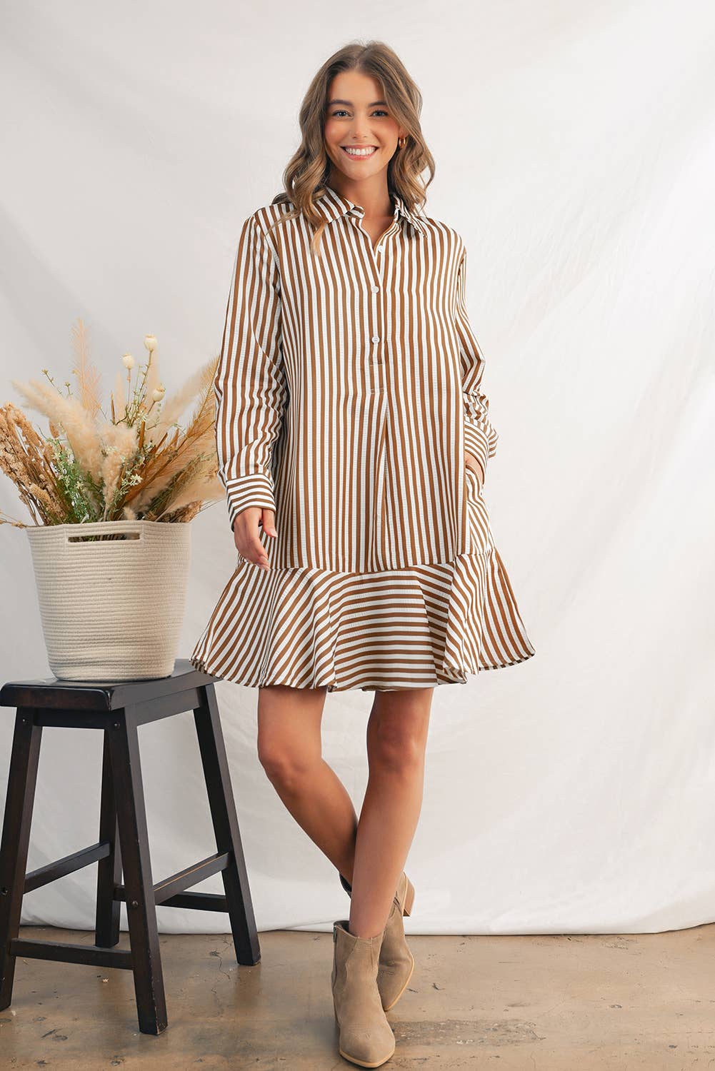 Sierra Stripe Ruffled Collared Long Sleeve Shirt Dress