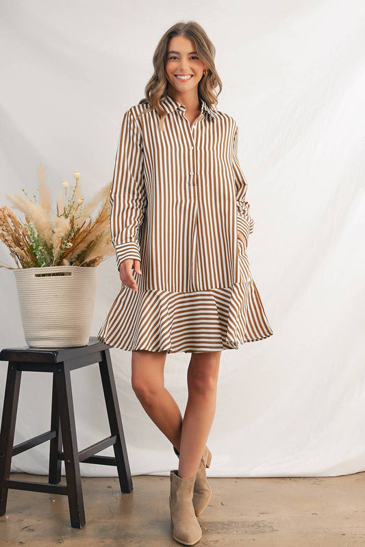 Sierra Stripe Ruffled Collared Long Sleeve Shirt Dress