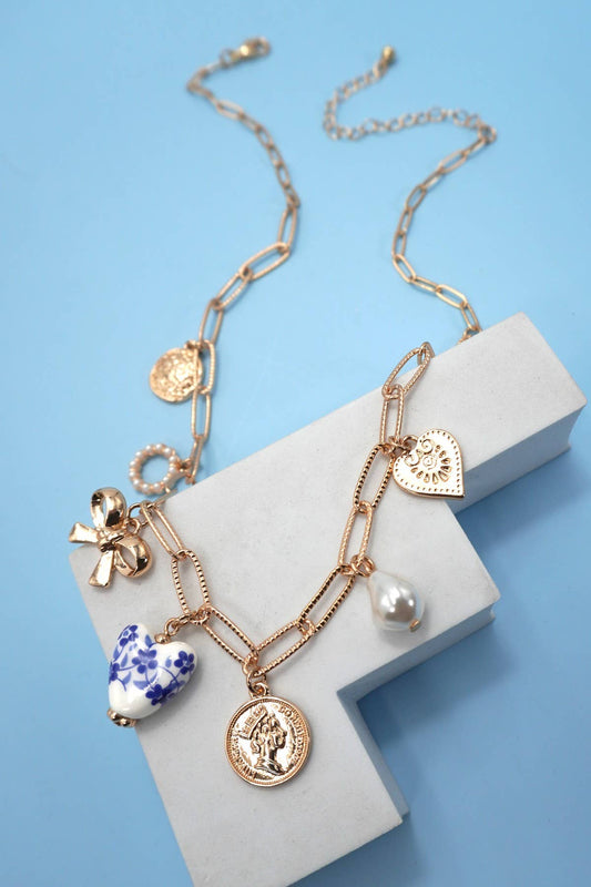 Gold Ceramic Porcelain Bow Heart Link Charm Necklace