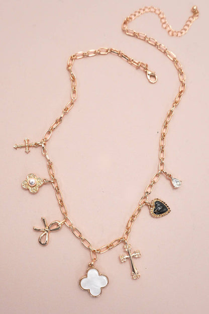 CHARM NECKLACE-CLOVER BOW CROSS HEART FLOWER | 80N91988: GOLD