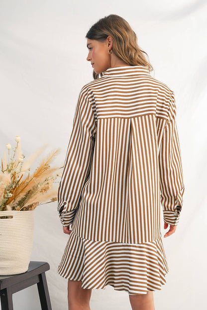 Sierra Stripe Ruffled Collared Long Sleeve Shirt Dress