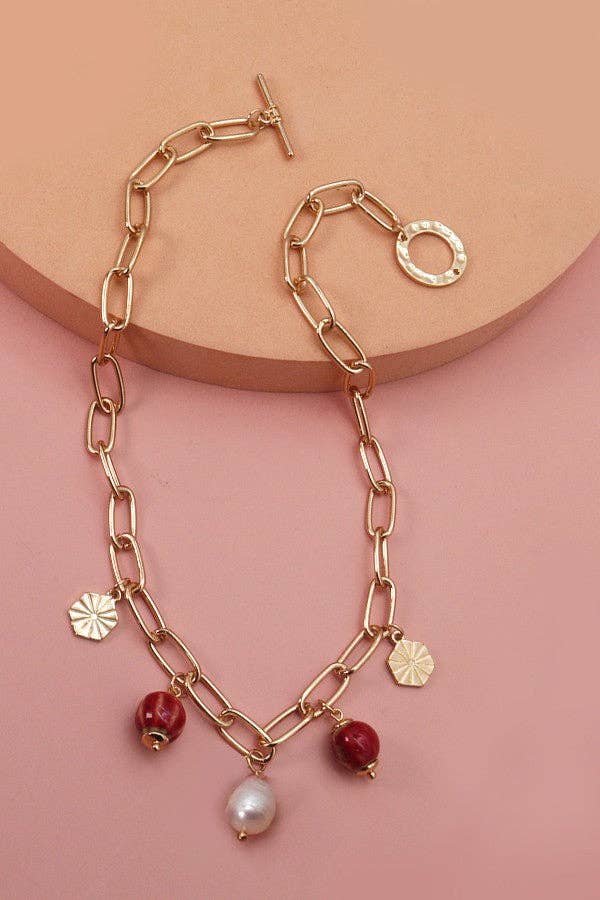 PORCELAIN BEAD LINK CHAIN NECKLACE | 51N2070921: RED