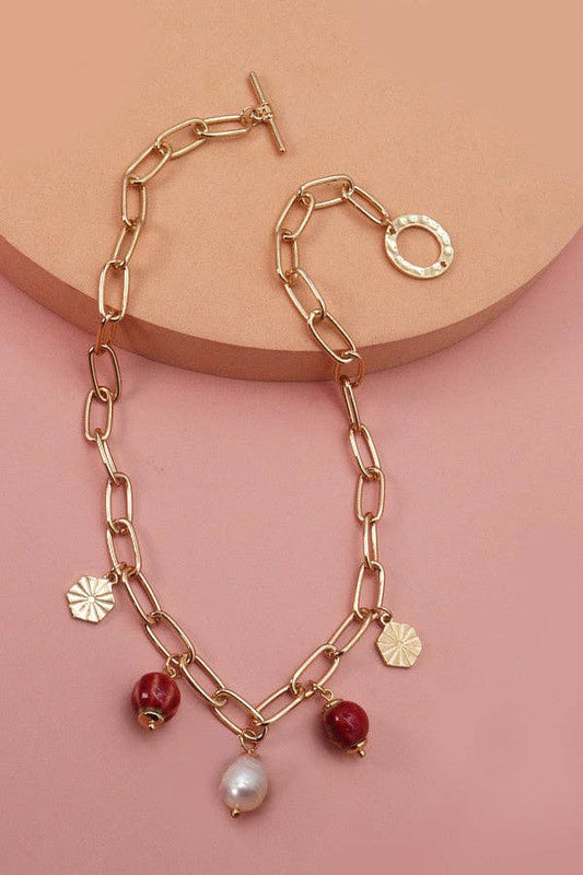 PORCELAIN BEAD LINK CHAIN NECKLACE | 51N2070921: RED