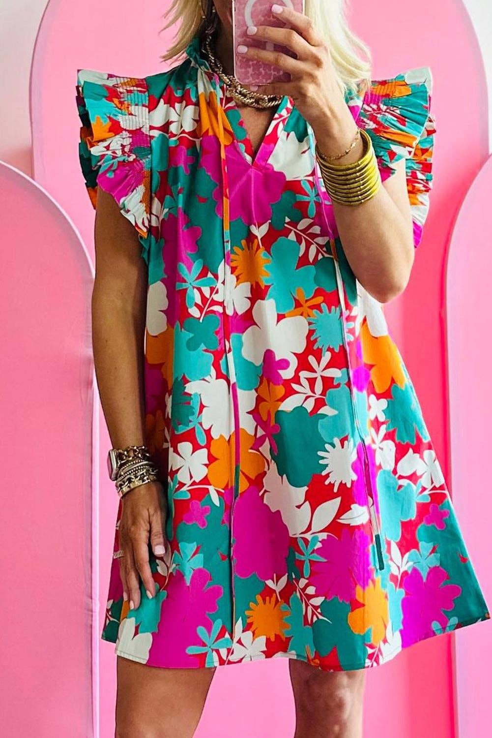 Mae Multicolor Floral Flutter Sleeve Dress