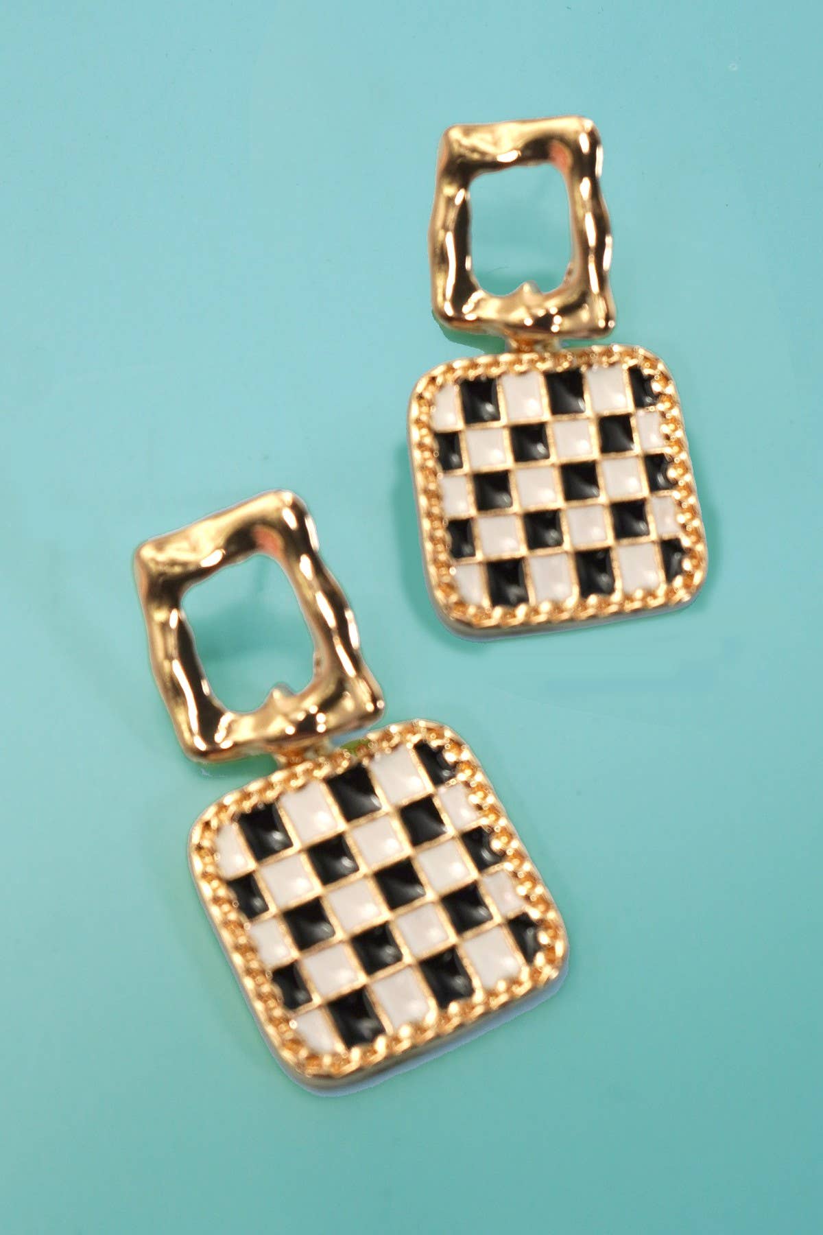 DOUBLE SQUARE CHEKER DROP EARRINGS | 80E6941: GOLD