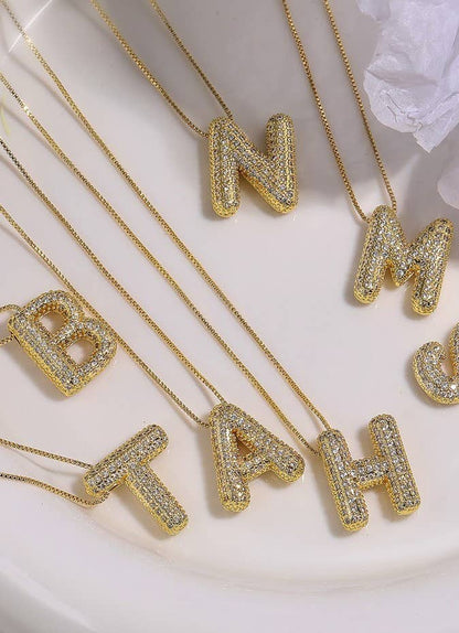 INITIAL PAVE RHINESTONE BUBBLE BALLOON NECKLACE | 80N751: GOLD-B