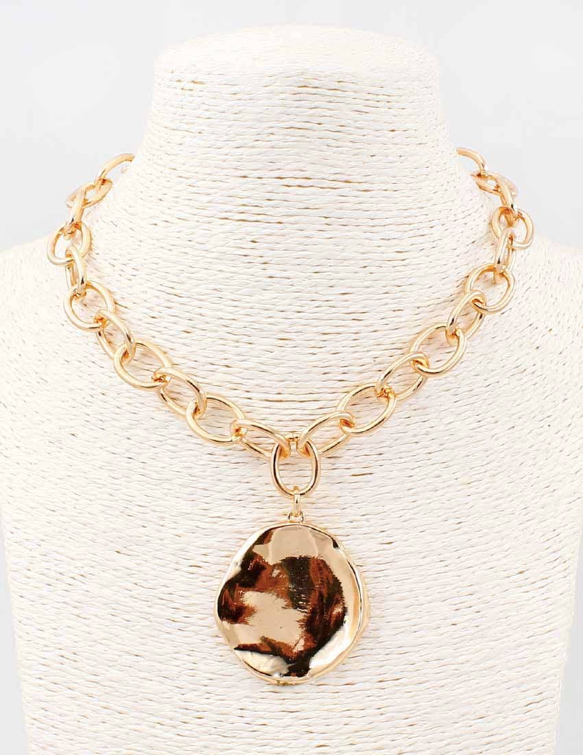 Thick Gold Chain with Hammered Textured Circle Necklace