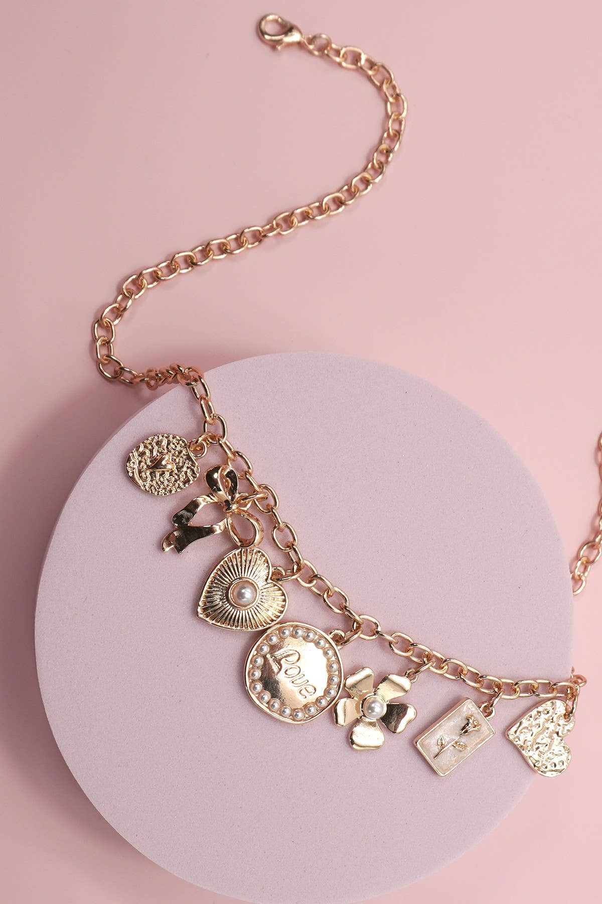 Gold Charm Necklace Bow Love Flower Heart
