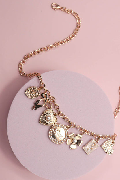 Gold Charm Necklace Bow Love Flower Heart