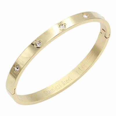 Gold Hinged Clover Stamped with Rhinestone Bangle