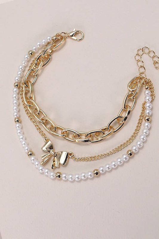 Bow Pearl Link Trio Set Bracelets