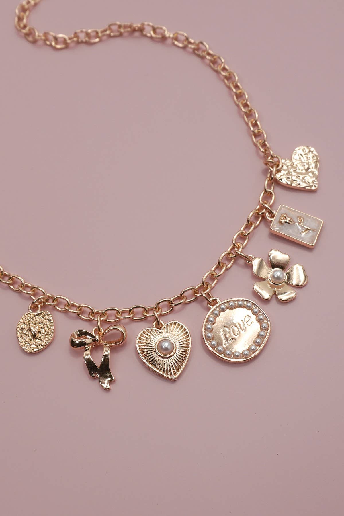 Gold Charm Necklace Bow Love Flower Heart