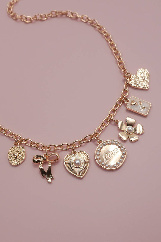 Gold Charm Necklace Bow Love Flower Heart