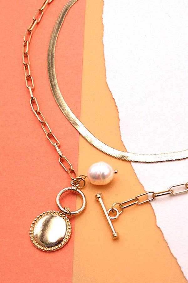 DOUBLE ROW CIRCLE PEARL PENDANT NECKLACE | 10N3051201: GOLD