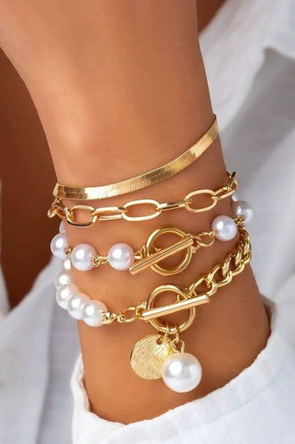 MULTILAYER PEARL CHAIN HERRINGBONE MIX BRACELET | 40B5151: GOLD