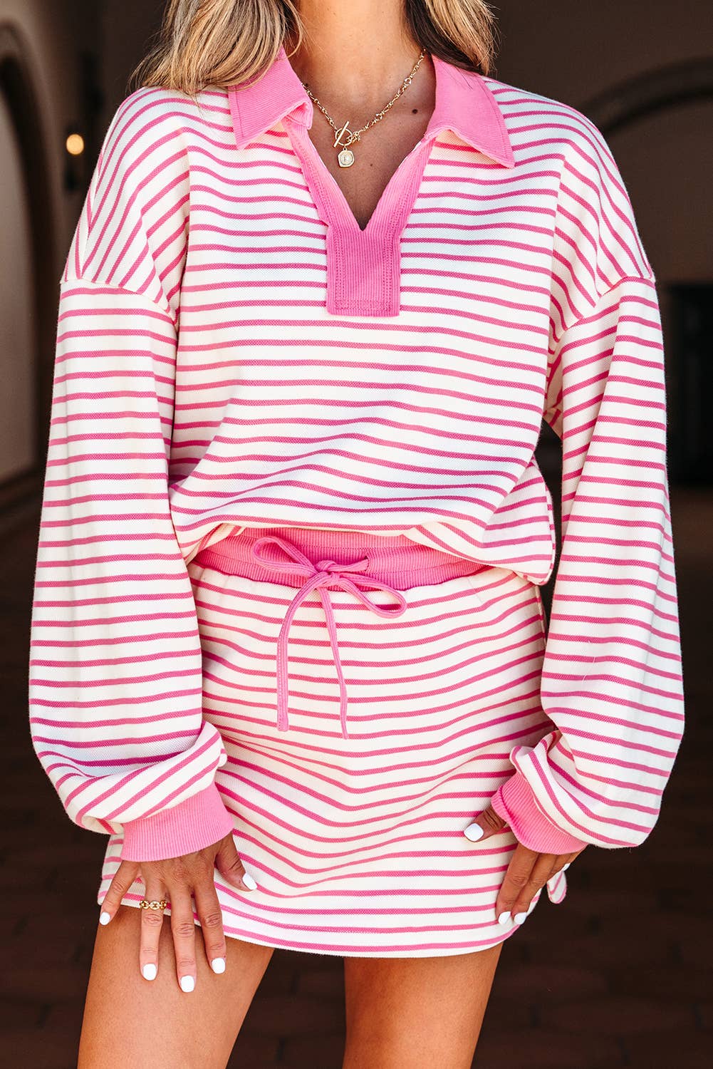 Penny Pink Striped Collared Pullover & Skort Set