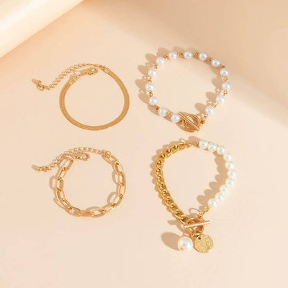 MULTILAYER PEARL CHAIN HERRINGBONE MIX BRACELET | 40B5151: GOLD