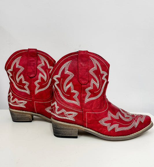 Rita Red PU Leather Cowboy Ankle Boots