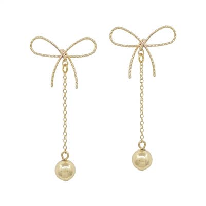Gold Ribbon Bow Post with Gold Ball Drop 2" Earring