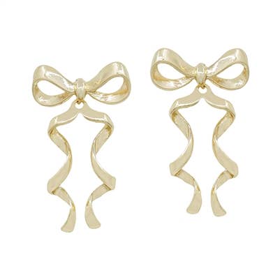 Gold Waved Ribbon Bow Stud 2" Earring