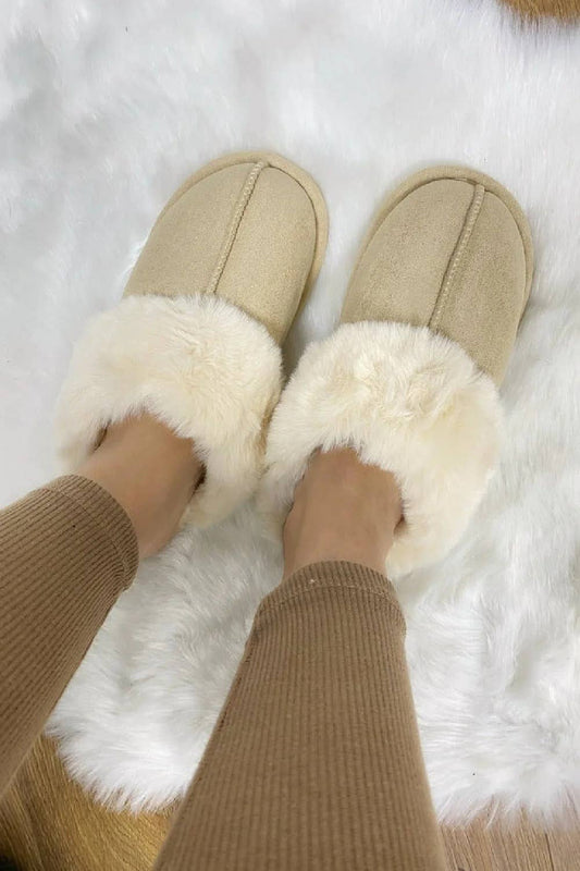 Beige Suede Fur Slippers